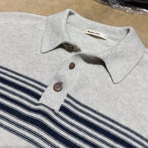 Marine Layer Elias Polo Sweater Mens L Beige Striped Long Sleeve Wool Bend
